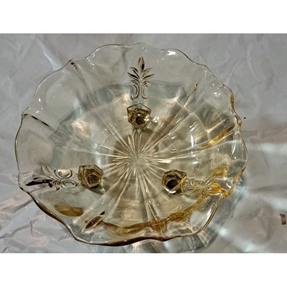 VTG Fostoria Baroque Topaz Yellow Glass Three Footed Nut Trinket Candy Dish Bowl